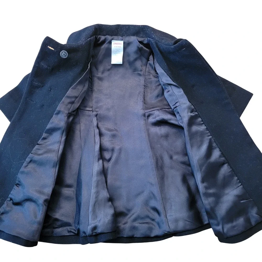 Gymboree 6-12M Pea Coat Black Wool Blend Double Breasted‎ Peter Pan Collar Y2K